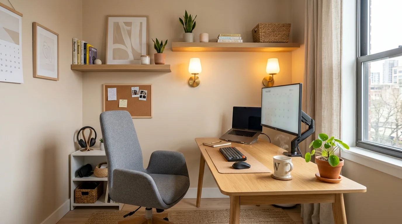 Apartment cozy office with compact desk, floating shelves, wall sconces, neutral tones, and smart space-saving design.