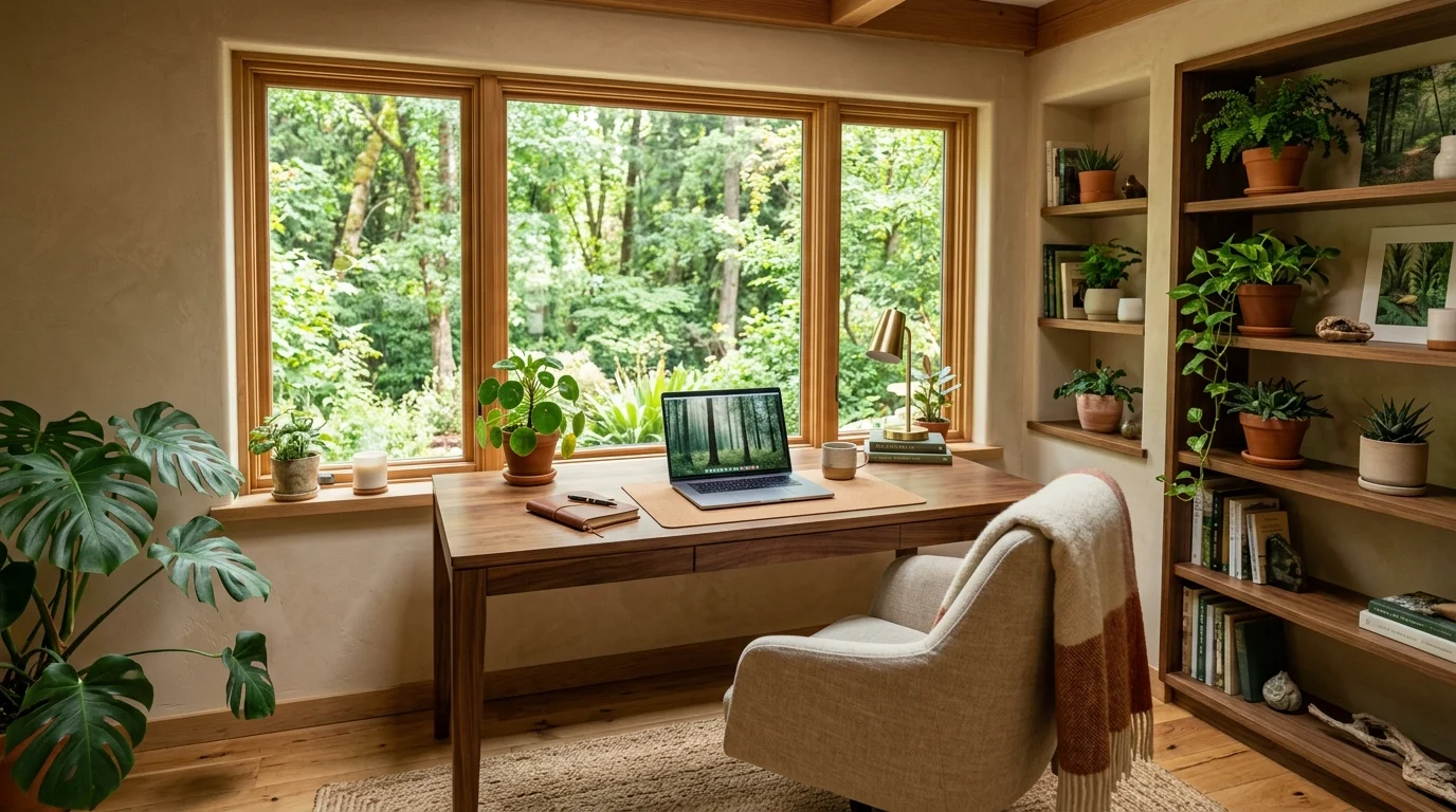 Nature-inspired cozy office with wood desk, large windows, indoor plants, earthy tones, and calming natural light.