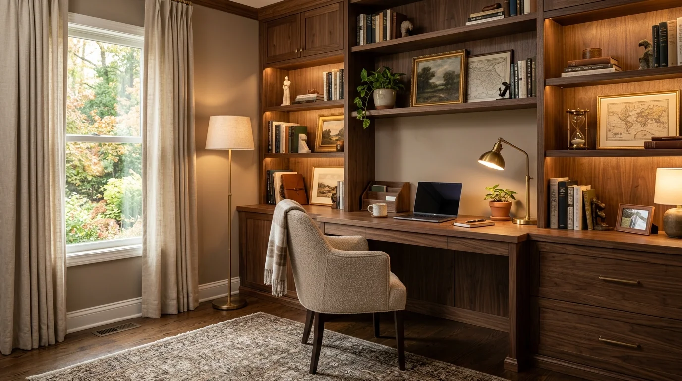 Elegant cozy office with walnut cabinetry, upholstered chair, decorative shelves, and warm ambient lighting.