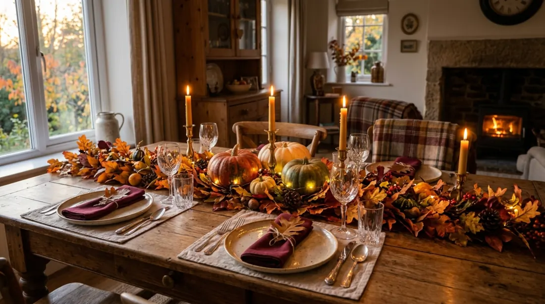 Warm fall dining table with leaf garland, pumpkin centerpiece, candlelight, and autumn glow.
