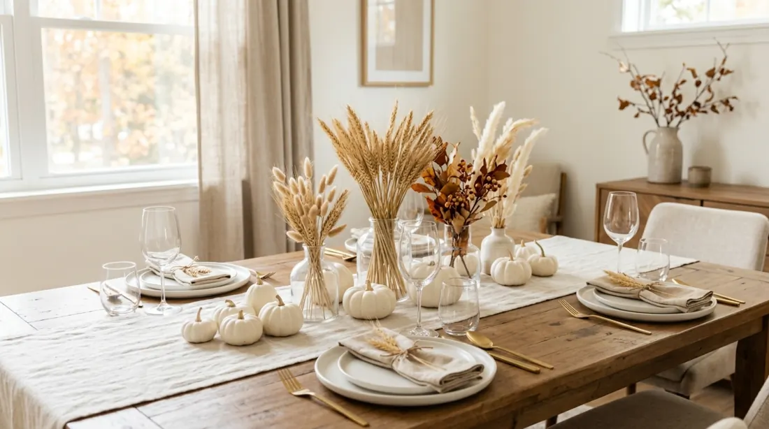 Modern fall table with neutral linen, white pumpkins, wheat, and ceramic plates.