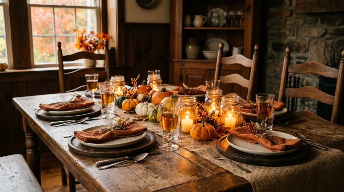 Farmhouse fall table with burlap runner, mason jar candles, gourds, and wood chargers.