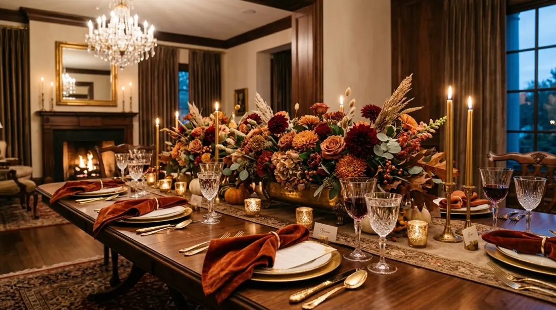 Luxury fall table with gold cutlery, rust velvet napkins, and autumn floral centerpiece.