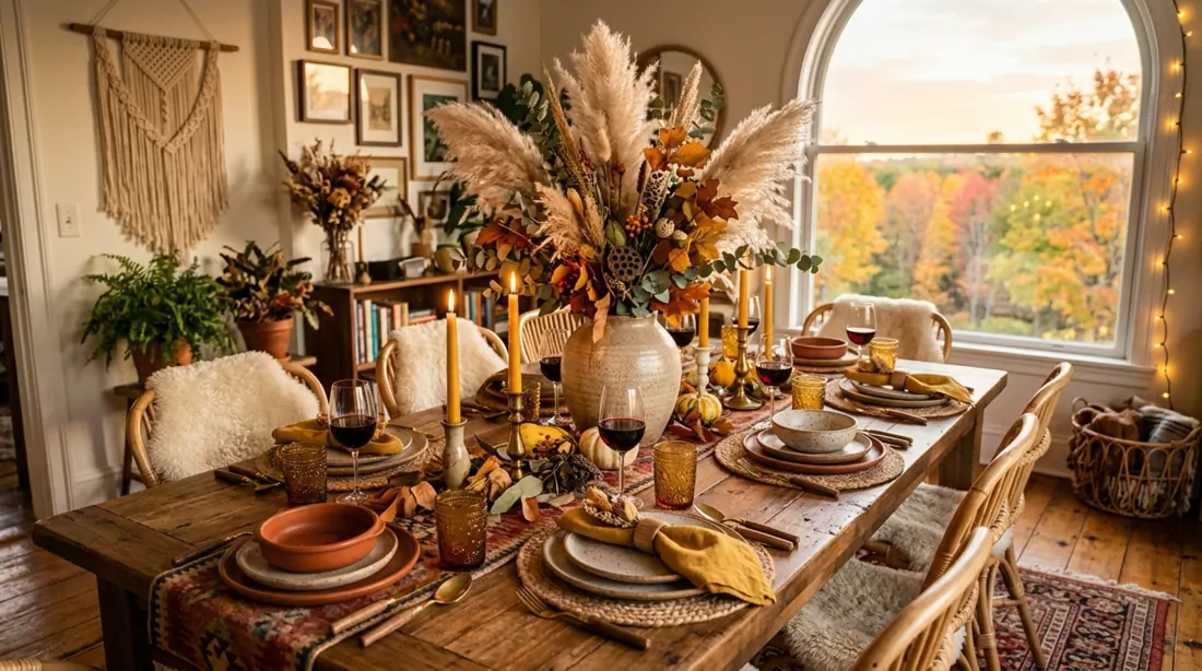 Bohemian fall table with woven placemats, pampas centerpiece, and earthy ceramics.