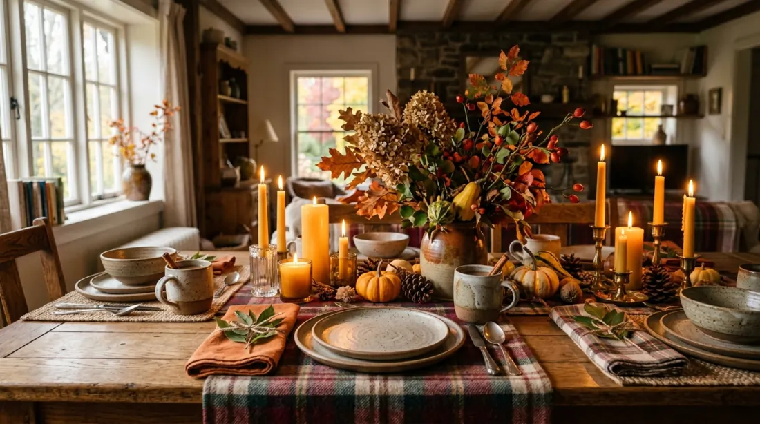 Cottage fall table with plaid textiles, pottery, foliage, and candle clusters.