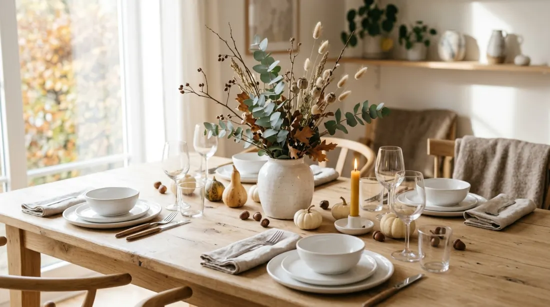 Scandinavian fall table with light wood, white ceramics, eucalyptus, and dried branches.