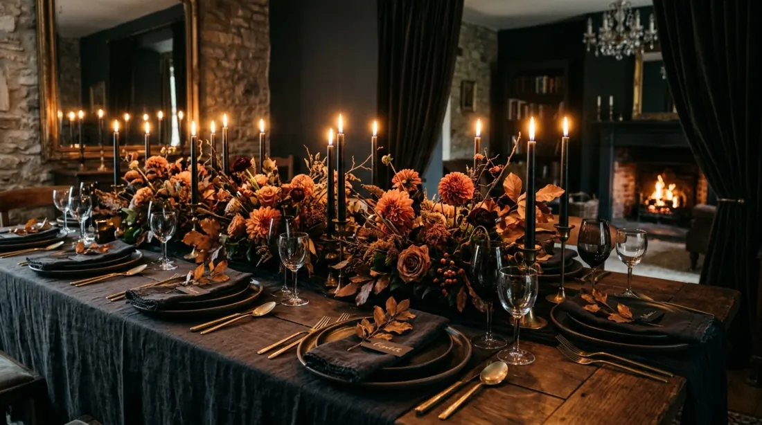 Dramatic fall table with black candles, orange florals, dark tones, and textured linens.