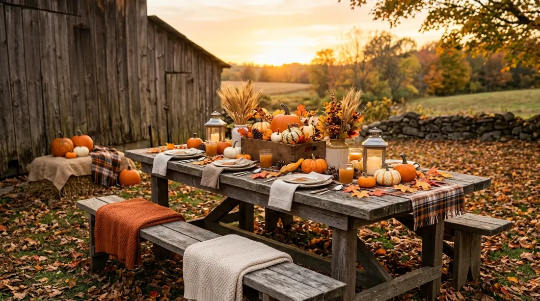 Outdoor fall table with pumpkins, hay accents, scattered leaves, and sunset light.