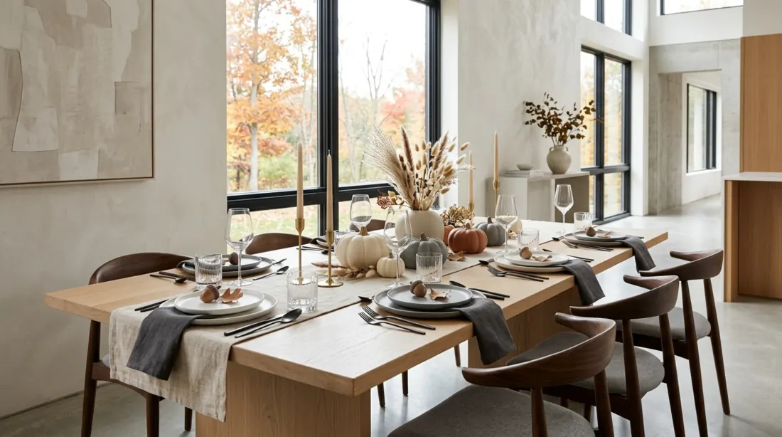Modern minimal fall table with neutral palette, sleek tableware, and subtle pumpkins.