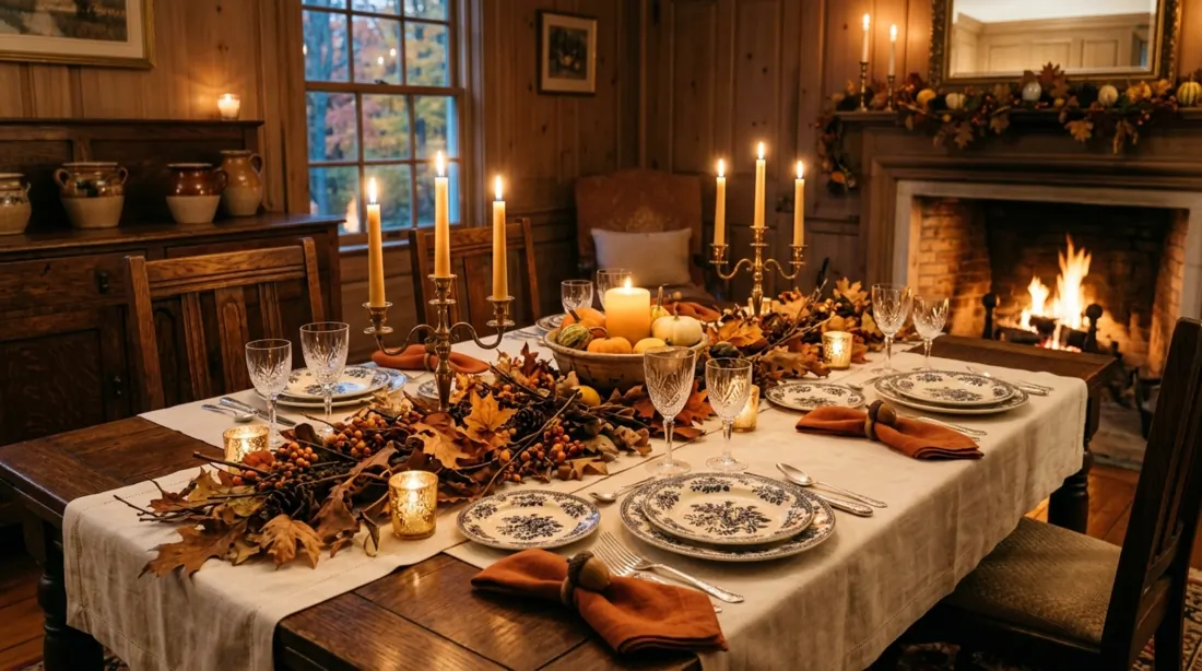 Traditional autumn table with classic china, wood furniture, leaf garlands, and candles.