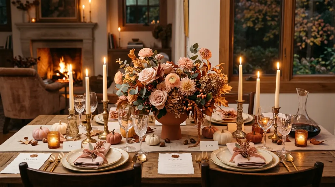 Romantic fall table with amber and blush tones, floral centerpiece, and candles.