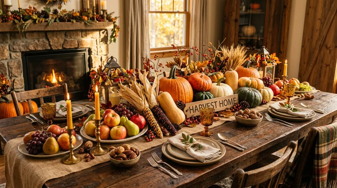 Harvest fall table with fruits, squash, corn decor, wood textures, and golden light.