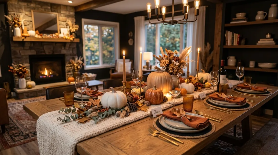 Cozy modern fall table with knitted runner, ceramic pumpkins, mixed textures, and warm light.