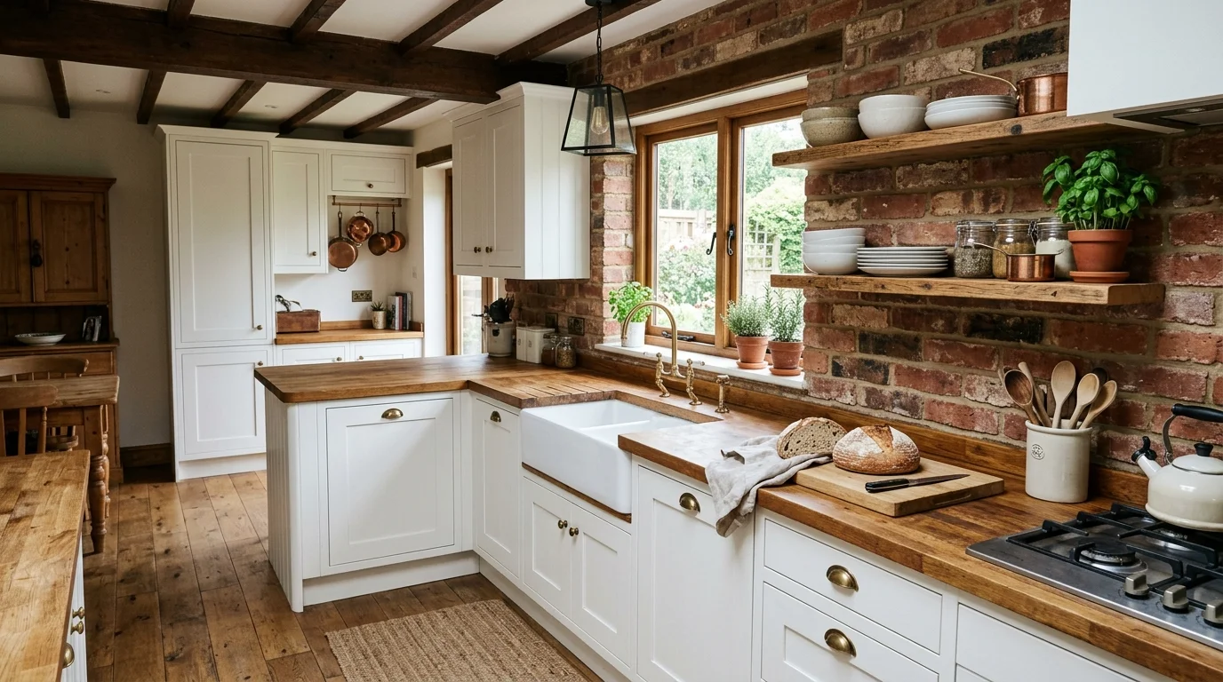 Farmhouse kitchen with shaker cabinets, butcher block counters, apron sink, and brick backsplash.