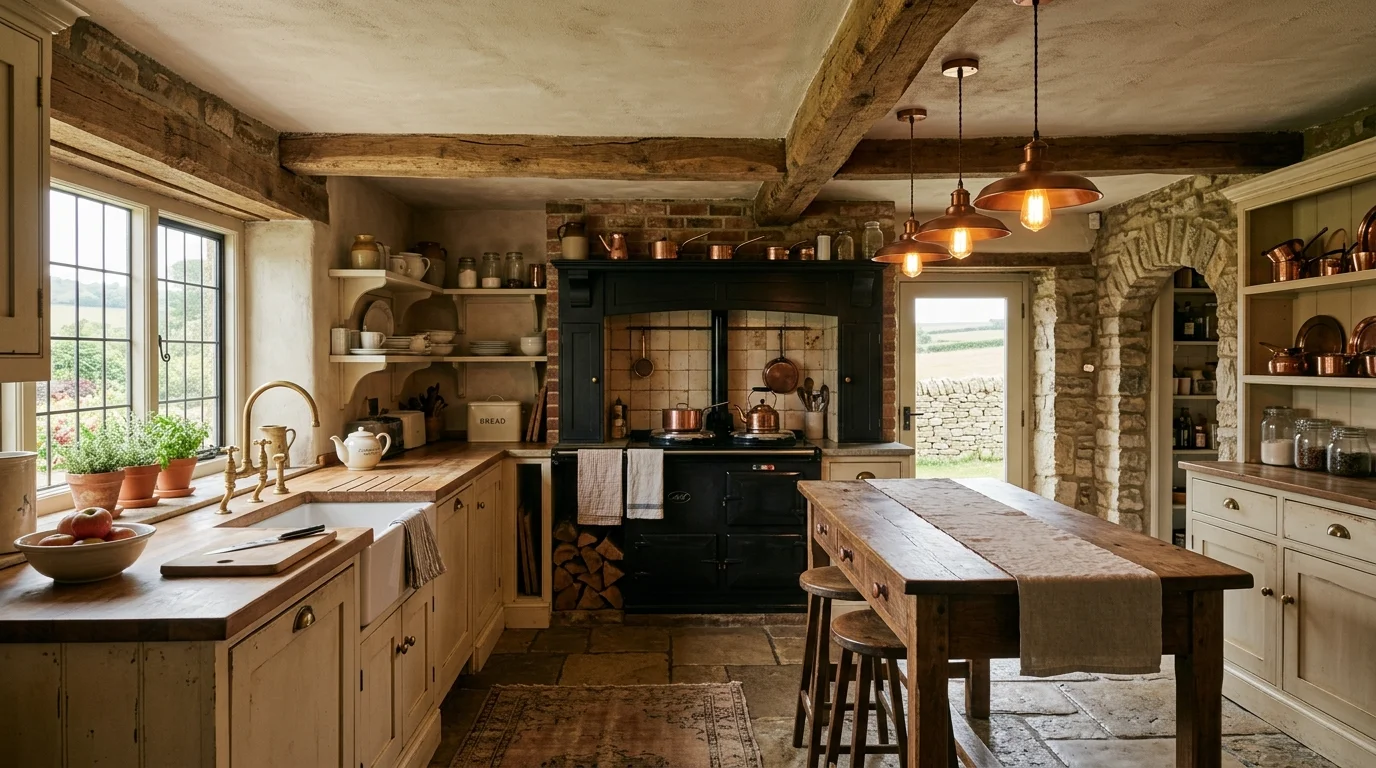 Rustic farmhouse kitchen with wood beams, stone floor, vintage range, and warm pendant lighting.