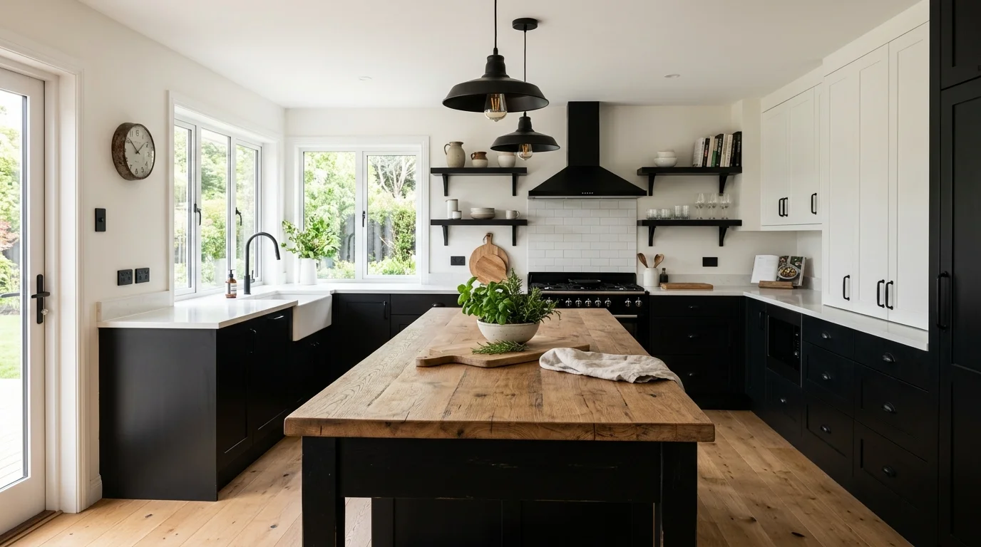 Modern farmhouse kitchen with black and white cabinets, wood-topped island, and matte black fixtures.