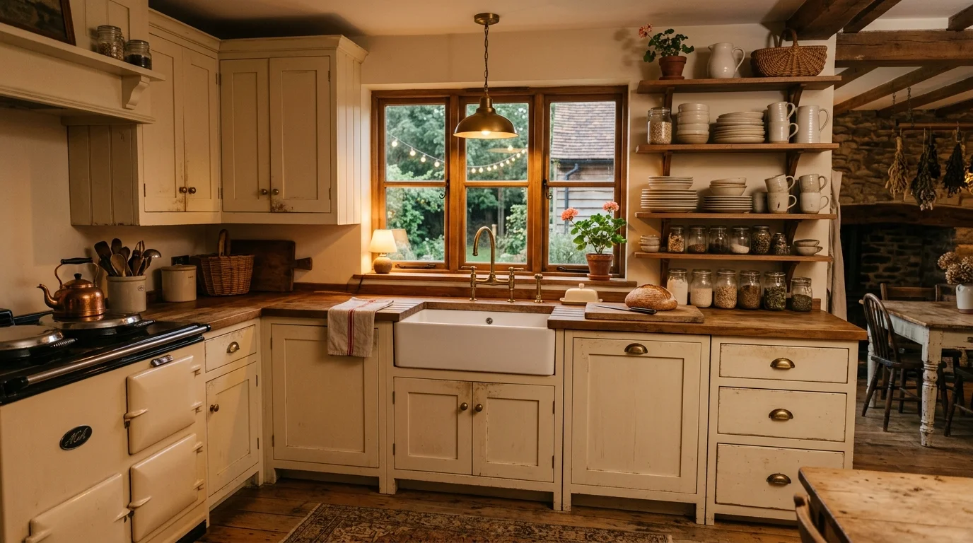 Cozy farmhouse kitchen with cream cabinets, apron sink, open shelves, and warm golden light.
