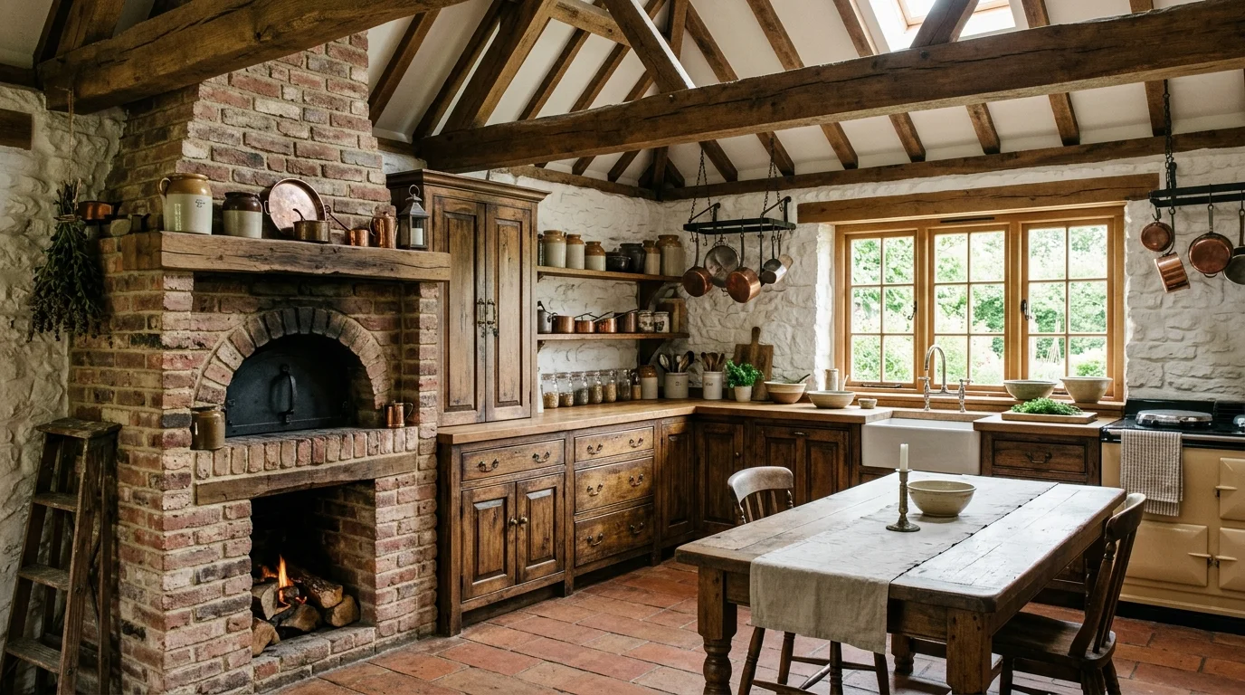 Classic rustic kitchen with exposed beams, brick oven, distressed cabinetry, and antique hardware.