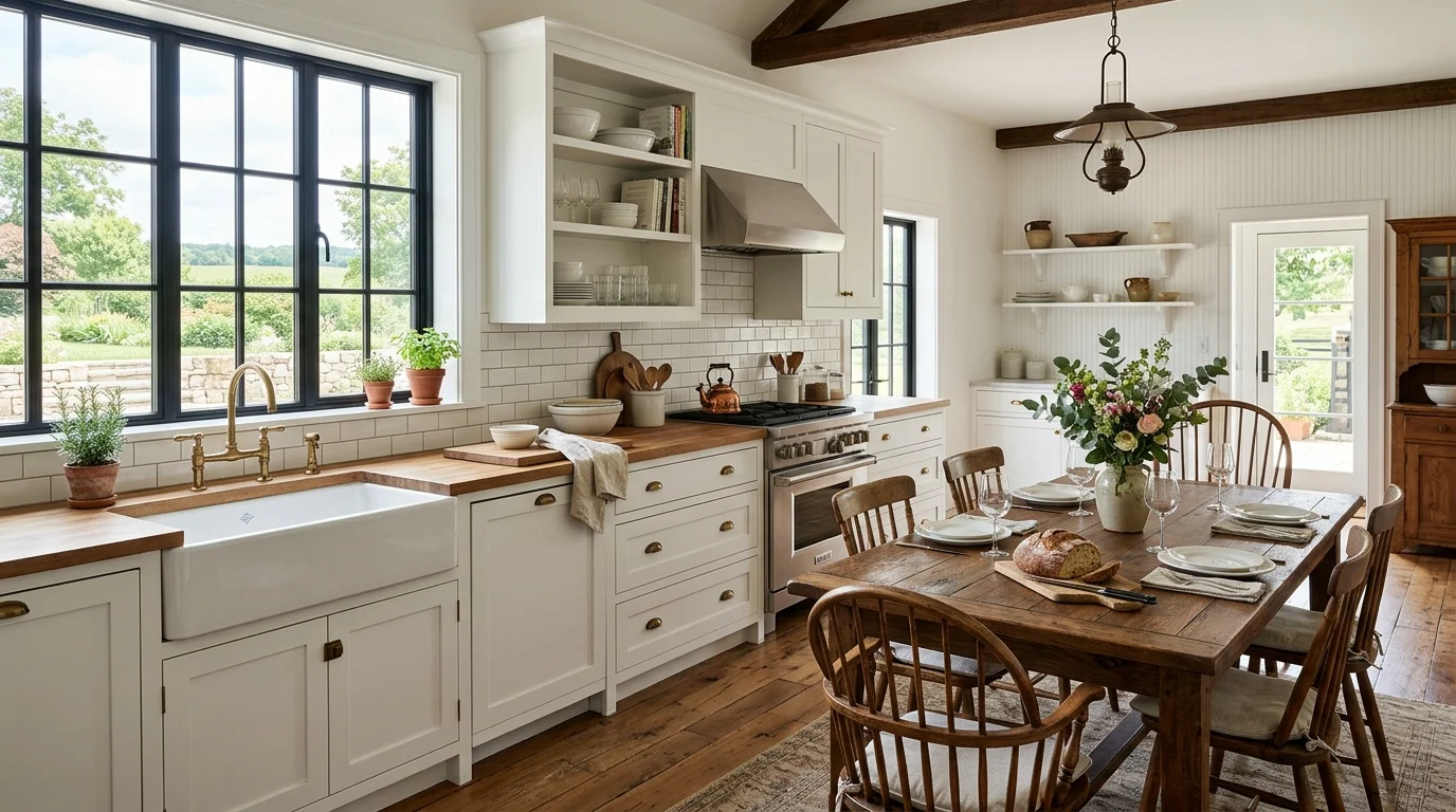Bright farmhouse kitchen with large windows, white cabinets, subway tile, and wooden dining table.
