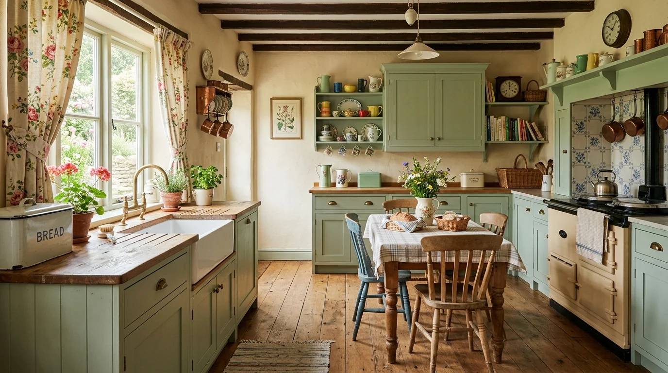 Country farmhouse kitchen with pastel-painted cabinets, floral curtains, vintage decor, and wood floors.