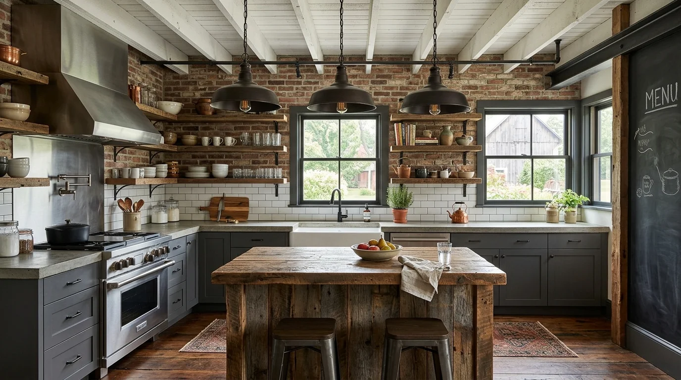 Industrial farmhouse kitchen with metal pendants, concrete counters, reclaimed wood island, and open shelves.