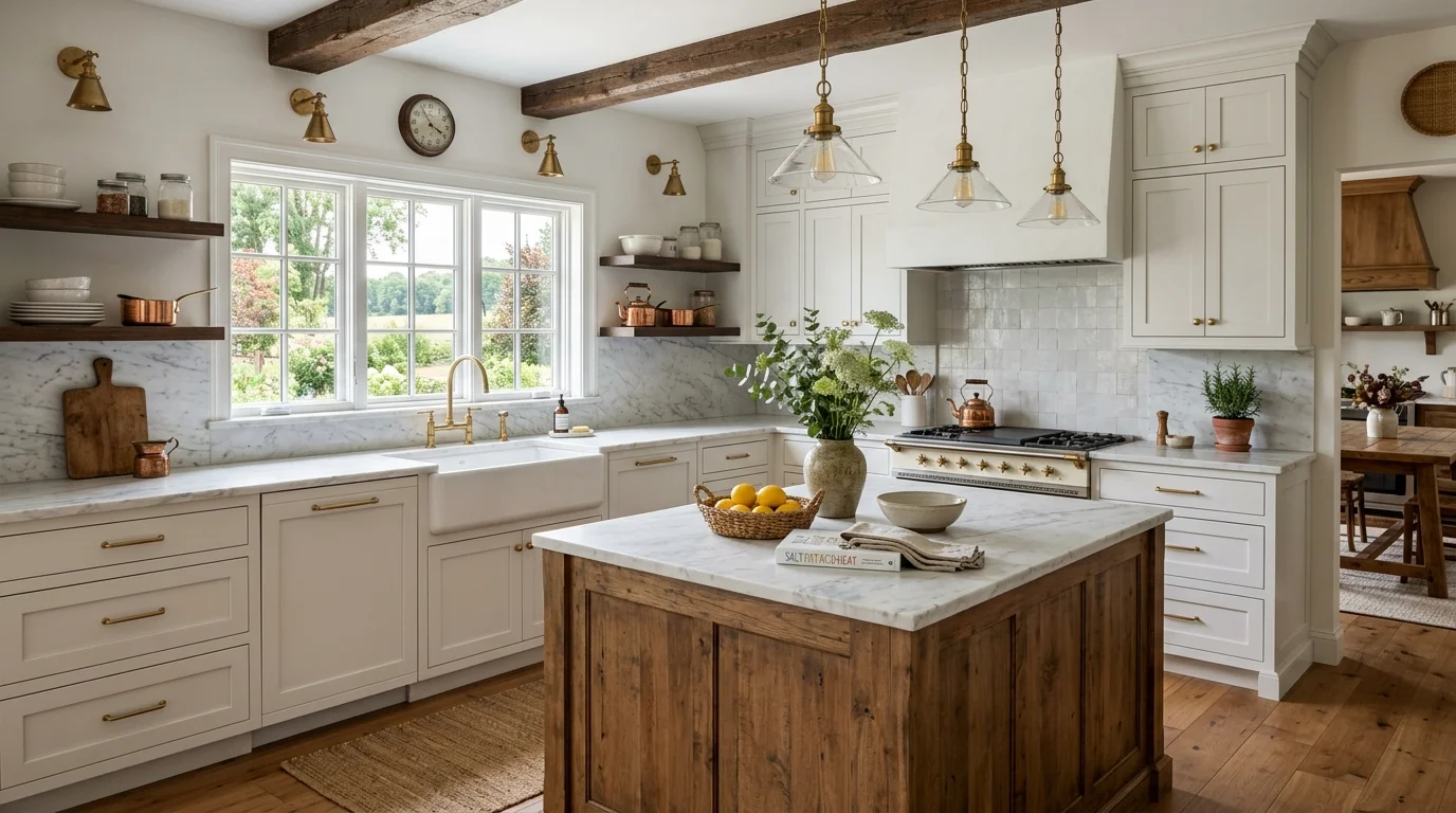 Elegant farmhouse kitchen with marble counters, soft white cabinets, brass fixtures, and warm wood accents.