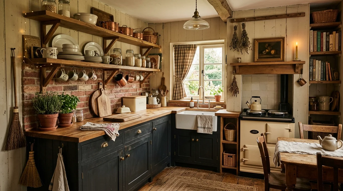 Small cozy farmhouse kitchen with compact layout, open shelves, rustic decor, and ambient lighting.