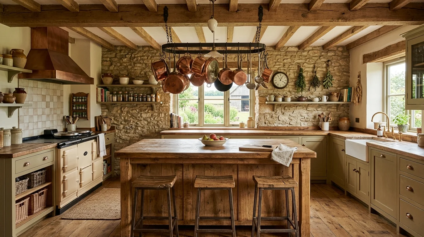 Rustic farmhouse kitchen with large island, wood stools, hanging copper pots, and stone accent wall.