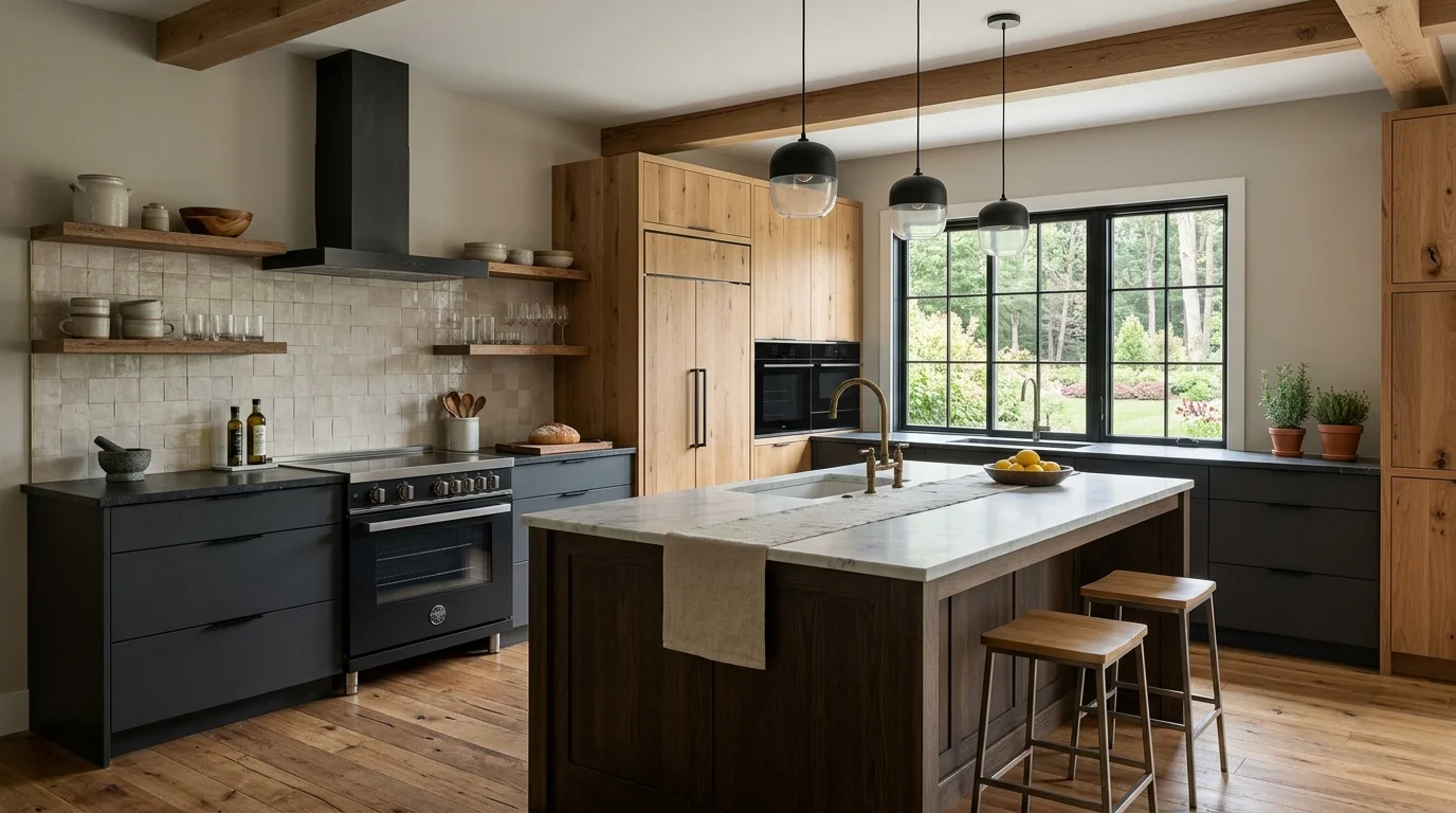 Modern rustic kitchen with sleek cabinetry, natural wood finishes, integrated appliances, and neutral tones.