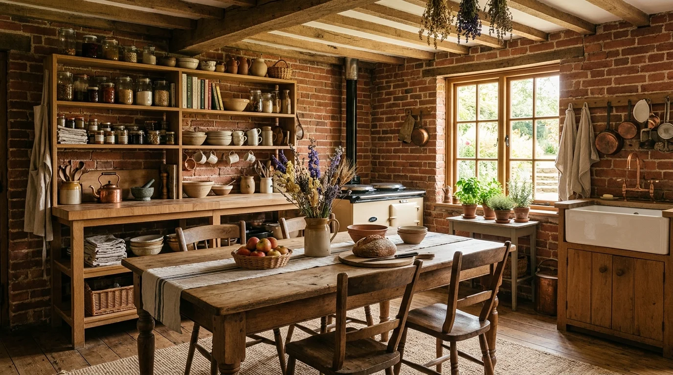 Farmhouse kitchen with brick wall, farmhouse table, open pantry shelves, and warm daylight.