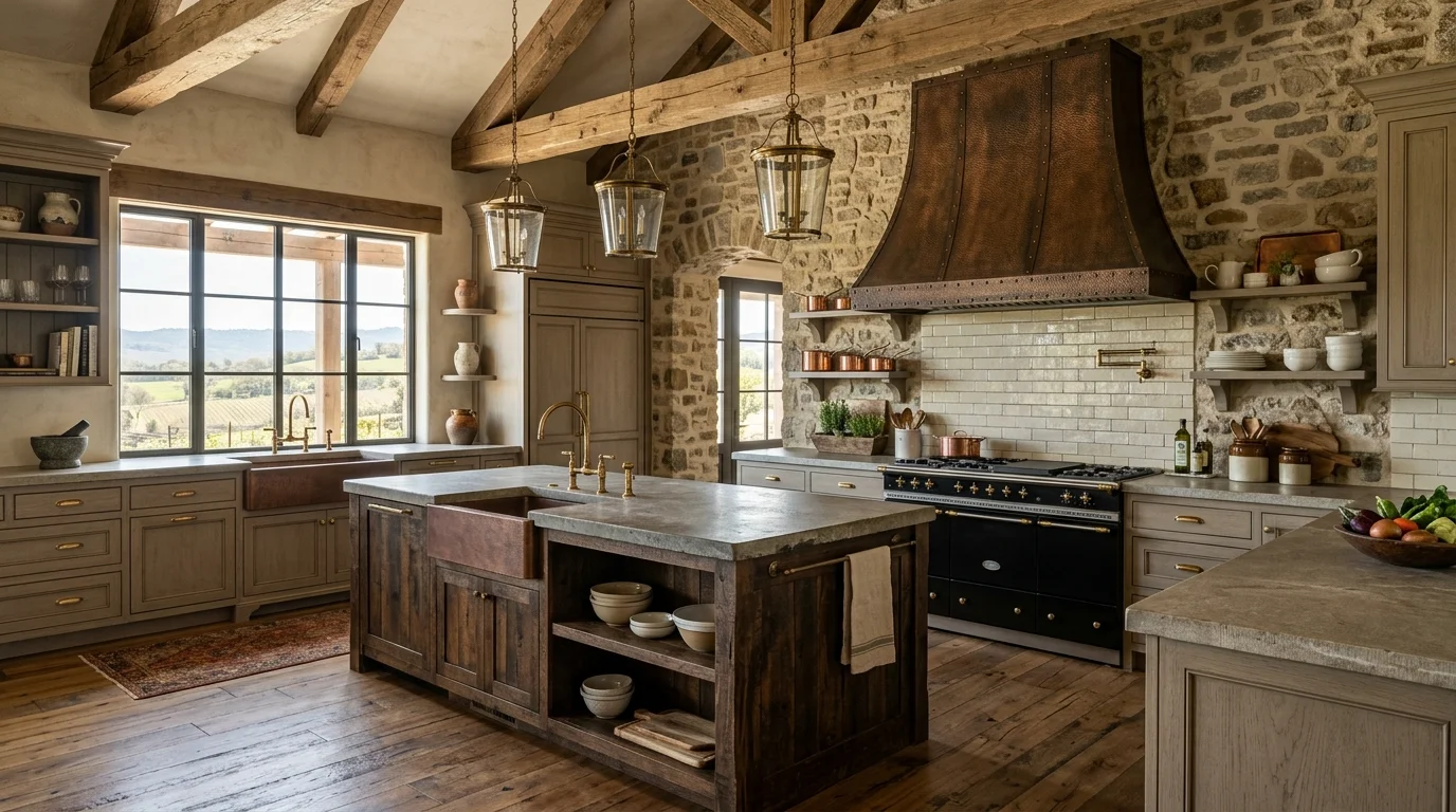 Luxury farmhouse kitchen with oversized range hood, custom cabinetry, stone counters, and refined rustic finishes.