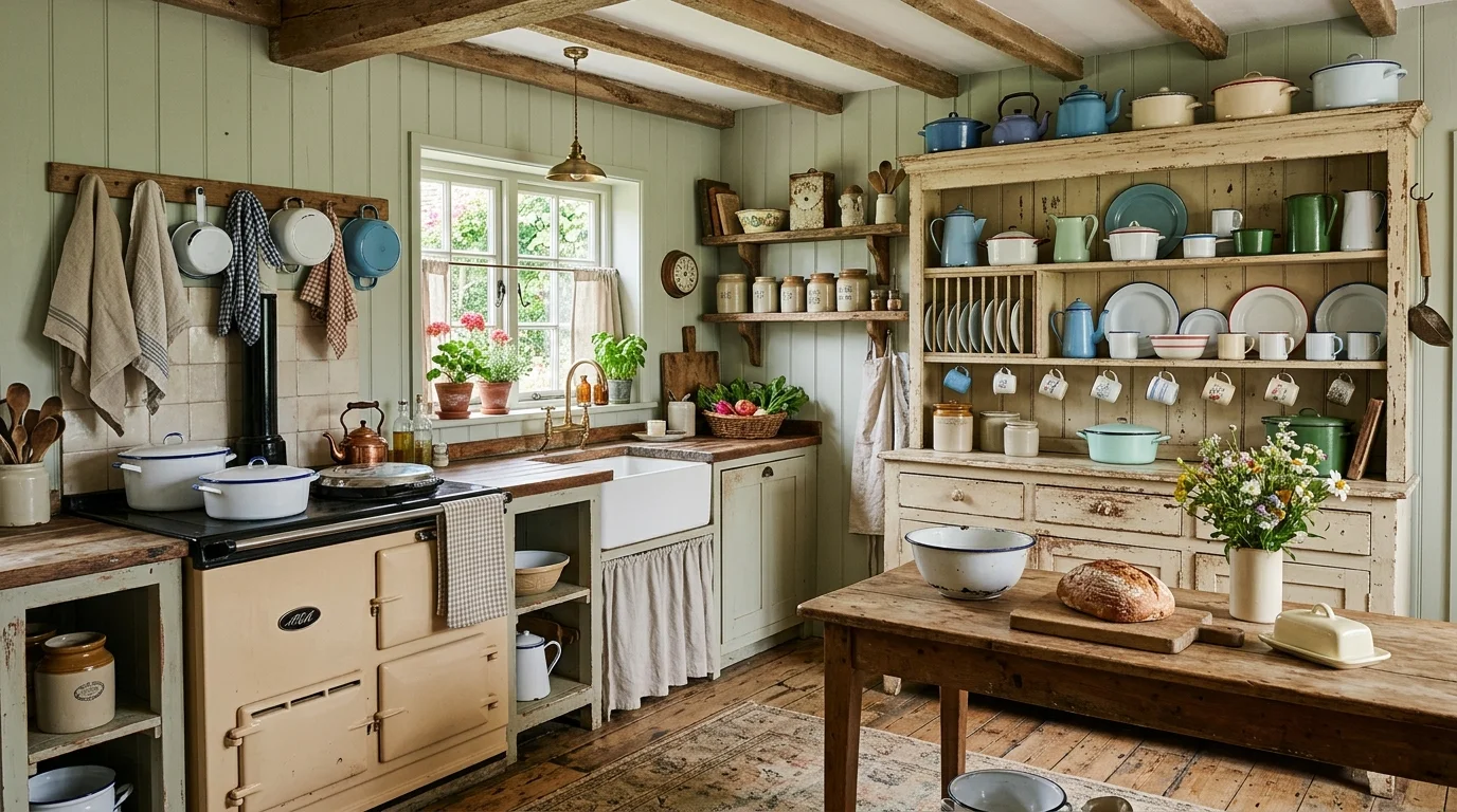 Vintage-inspired farmhouse kitchen with enamel cookware, distressed wood furniture, pastel tones, and charming details.
