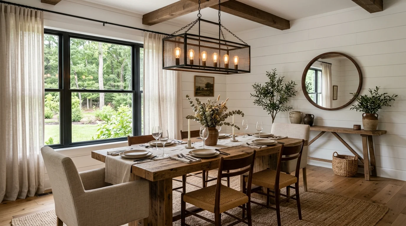 Modern farmhouse dining room with long wood table, black chandelier, white walls, and warm layered textures.