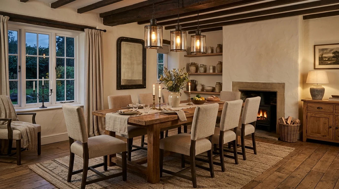Farmhouse dining room with large black chandelier, white shiplap wall, and natural wood seating.
