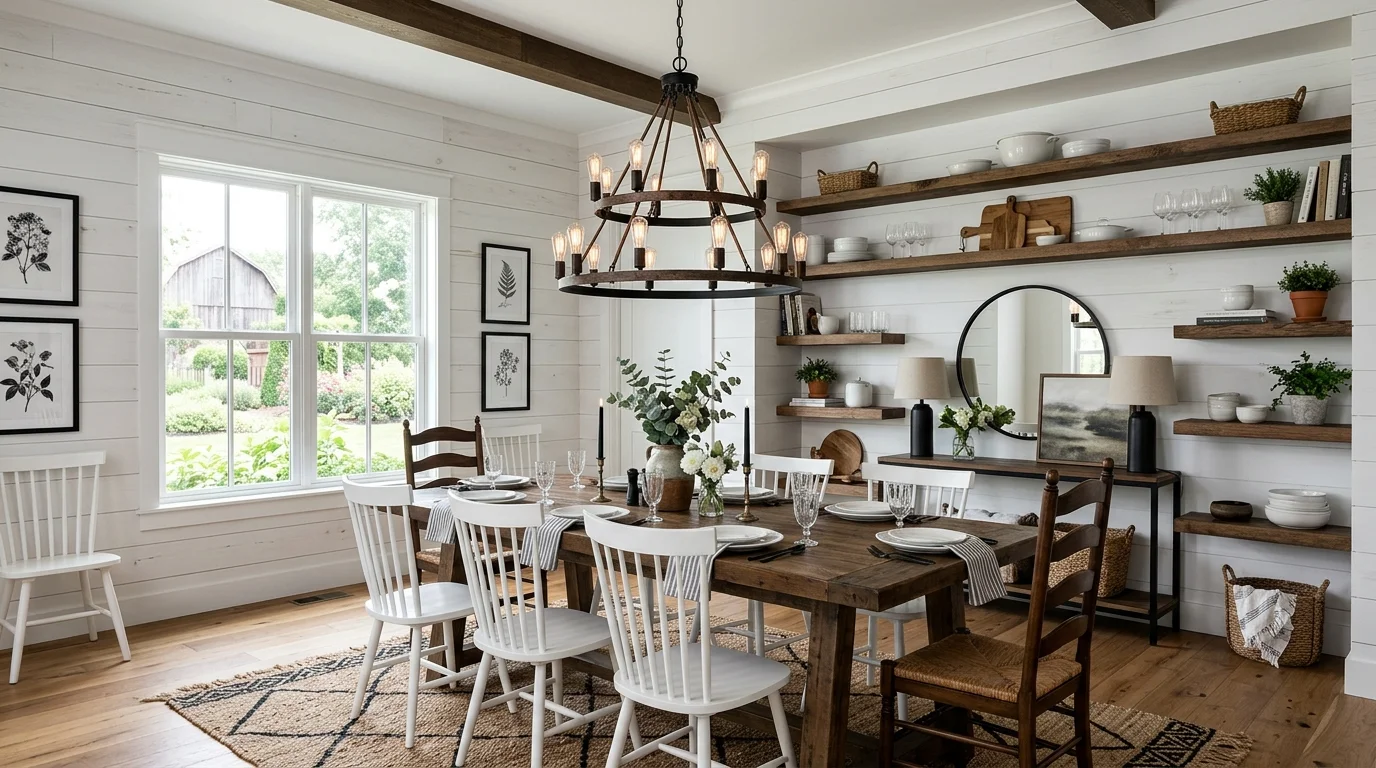 Farmhouse dining room with bench on one side, spindle chairs, and layered neutral textiles.