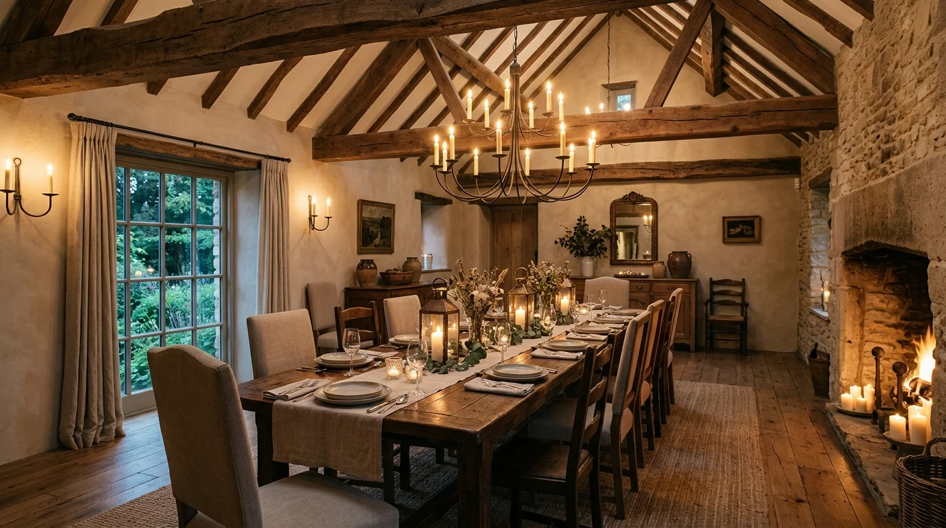 Dining room with white shiplap walls, rustic table, and simple farmhouse styling.