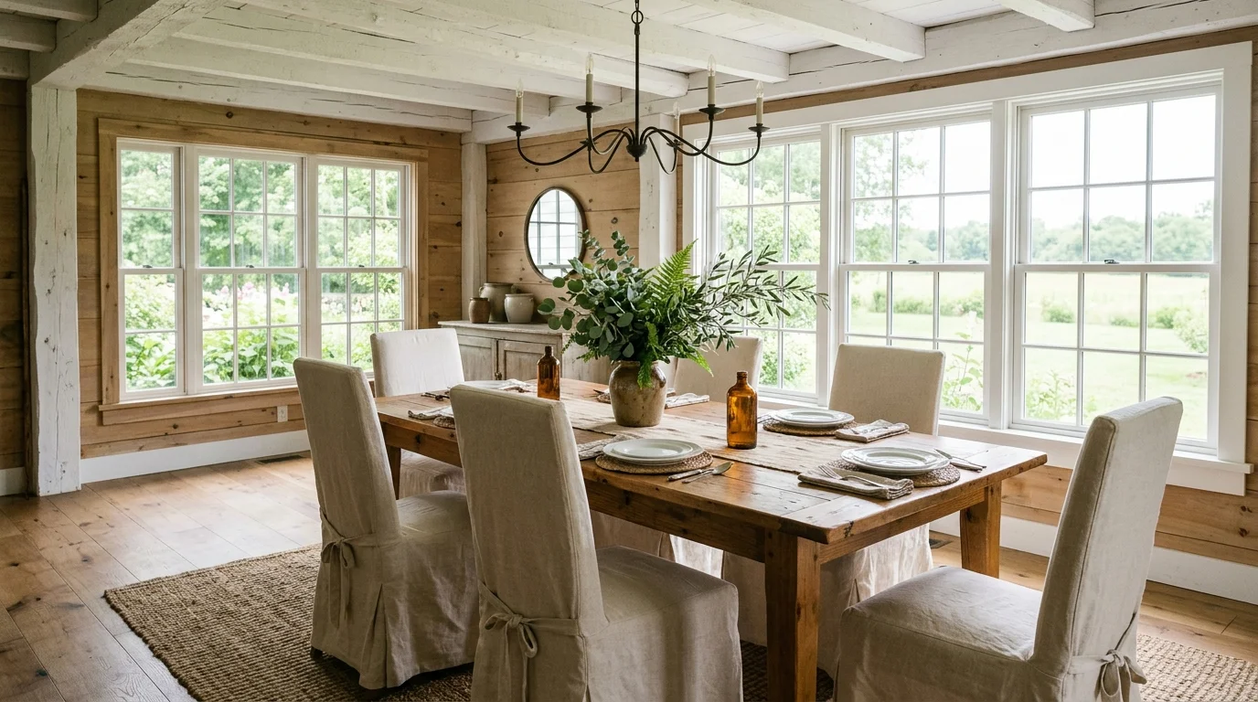 Farmhouse dining room with stone fireplace, reclaimed wood table, and cozy ambient light.
