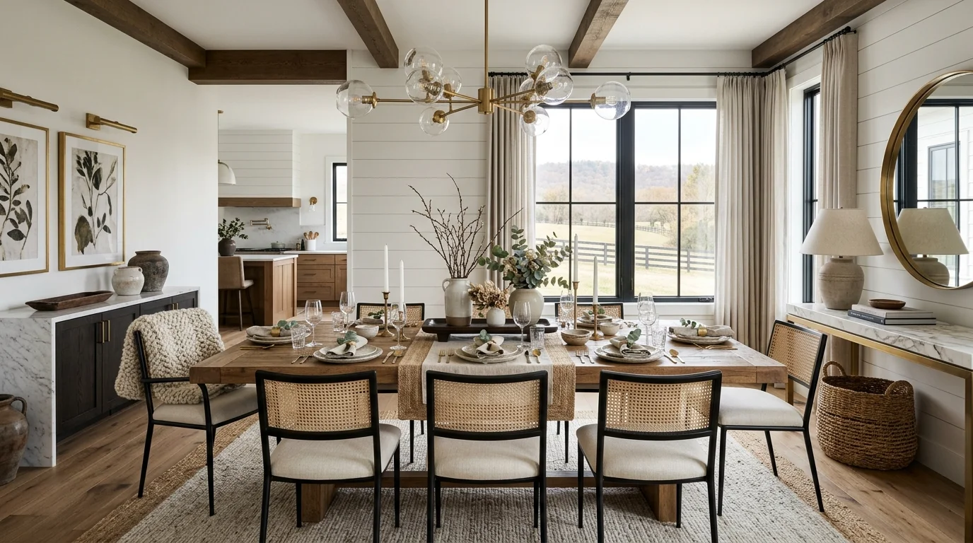 Modern farmhouse dining room with linen slipcovered chairs, oak table, and soft layered rugs.