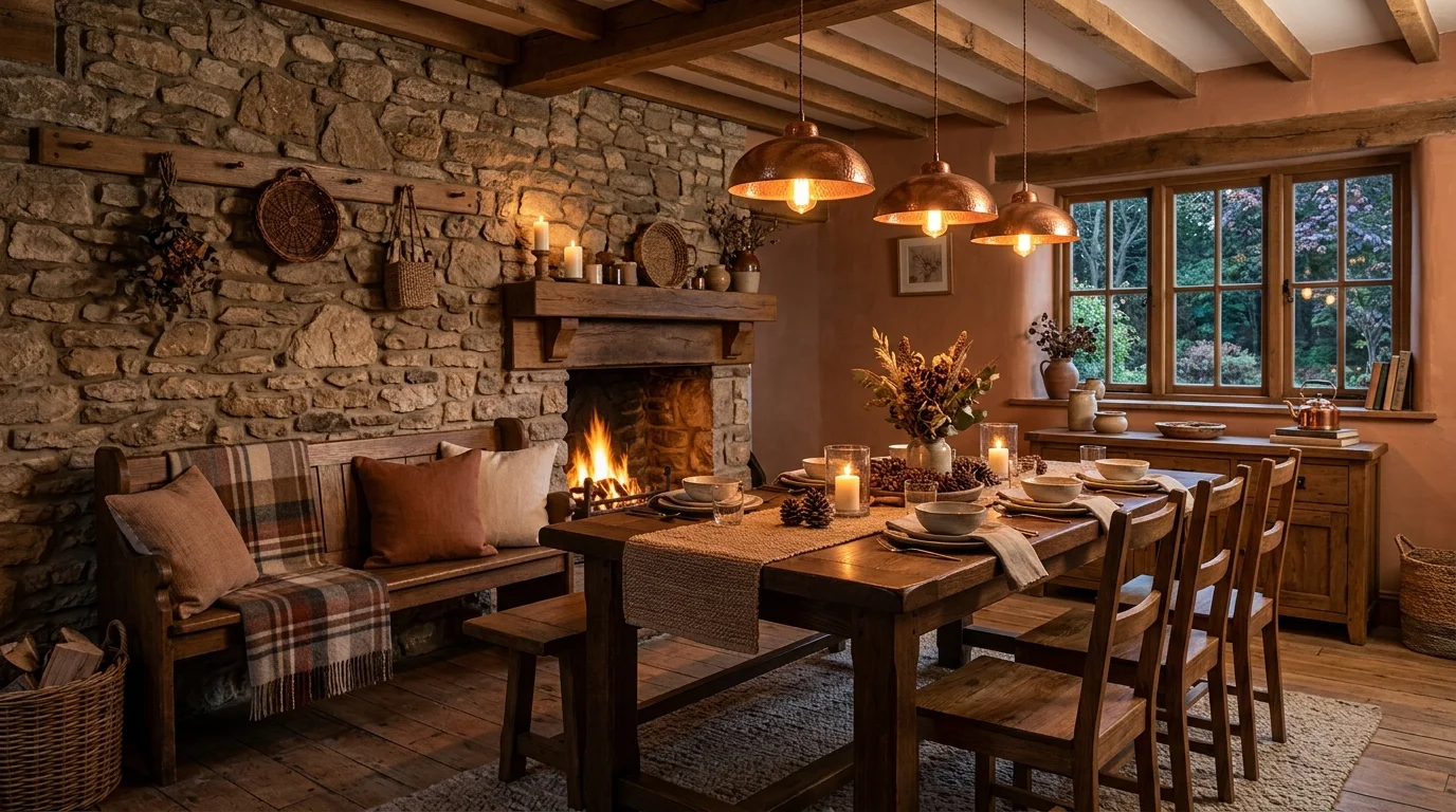 Dining room with exposed beams, farmhouse table, and understated modern black accents.