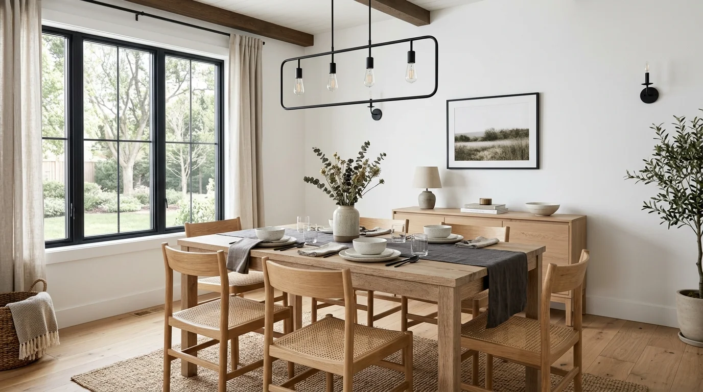 Farmhouse dining room with open shelves, ceramic dishes, wood table, and woven textures.