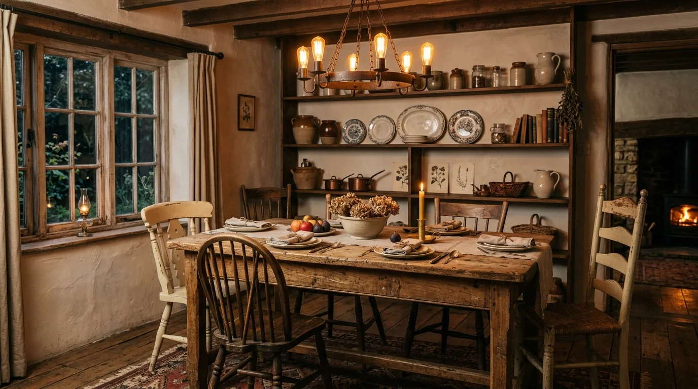 Dining room in warm white and oak tones with soft natural light and inviting table setting.
