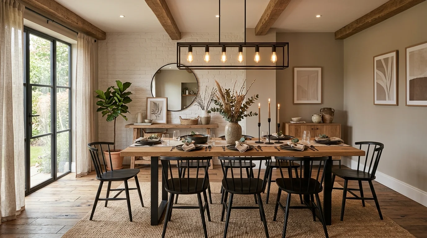 Farmhouse dining room with iron light fixture, wood table, and metal-framed windows.