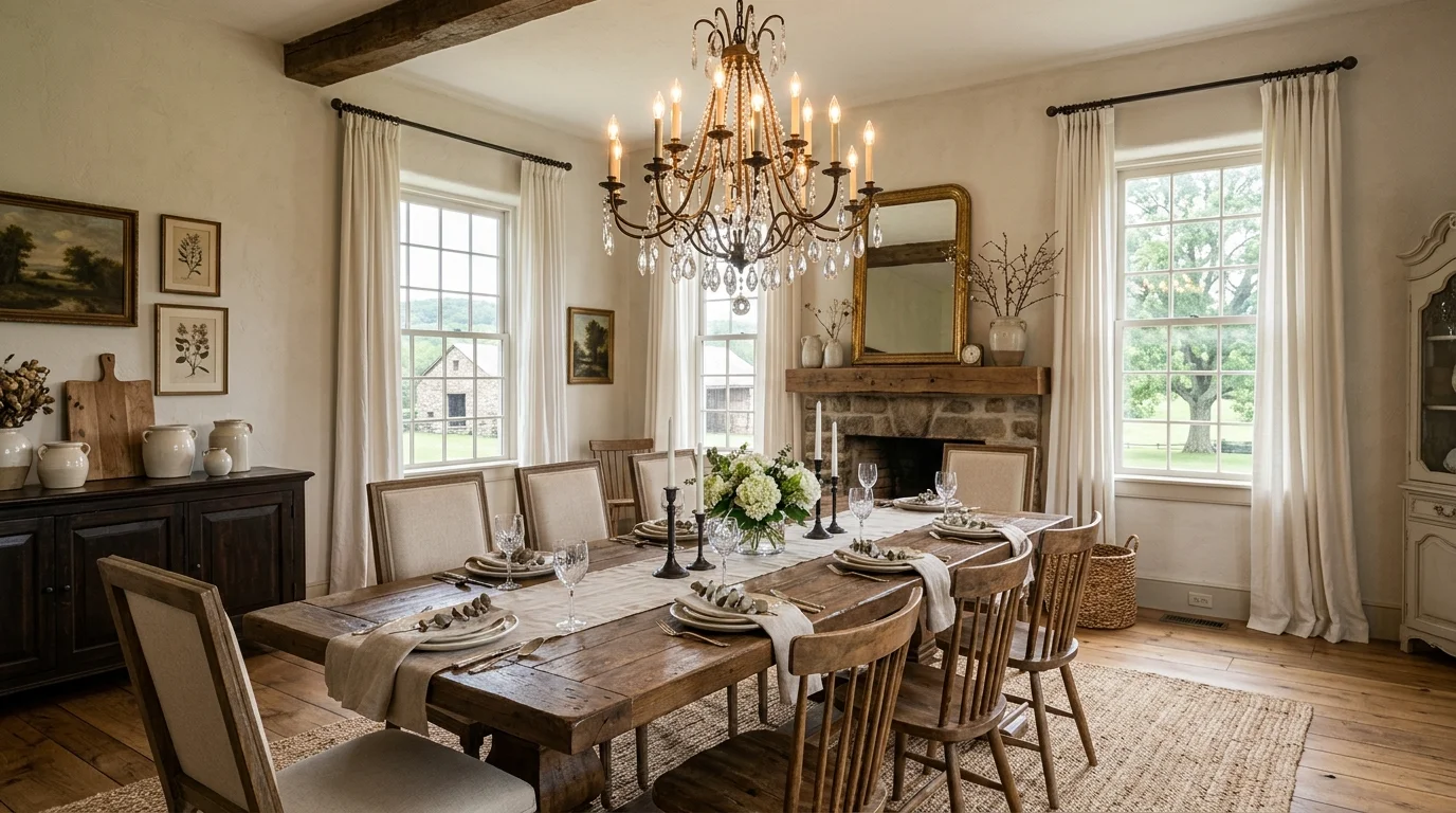Cozy farmhouse dining room with floral arrangement, vintage cabinet, and painted wood details.