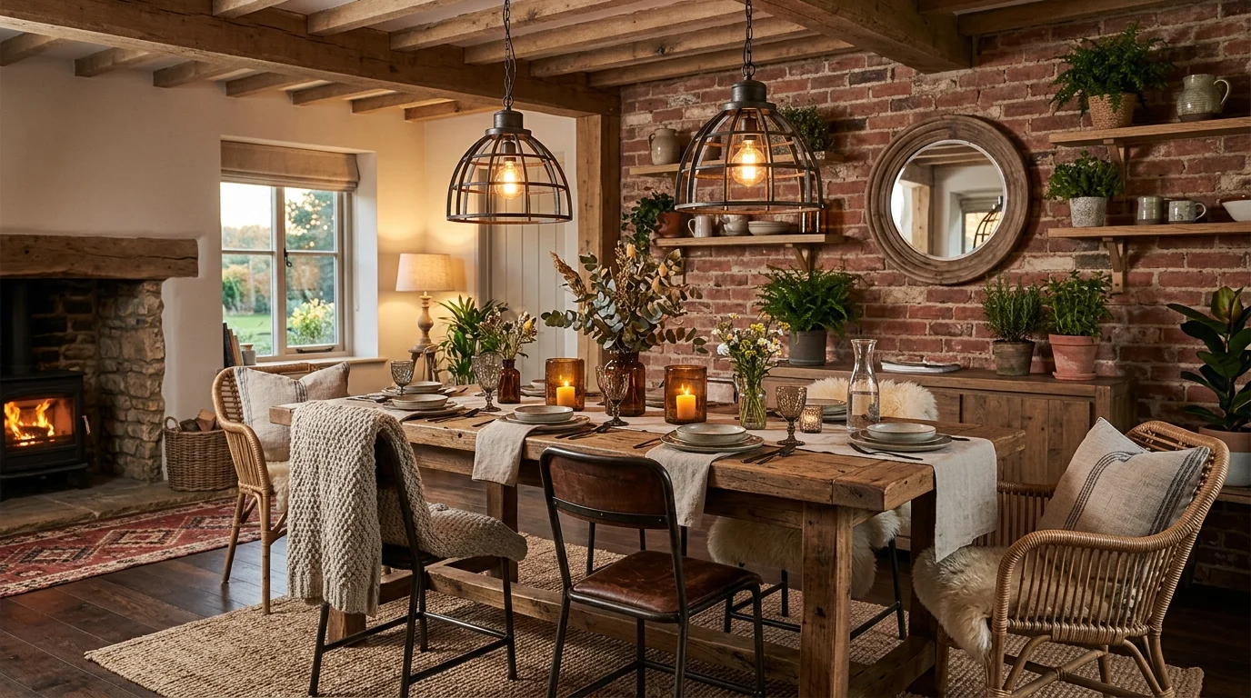 Spacious farmhouse dining room with long table, multiple pendant lights, and generous seating.