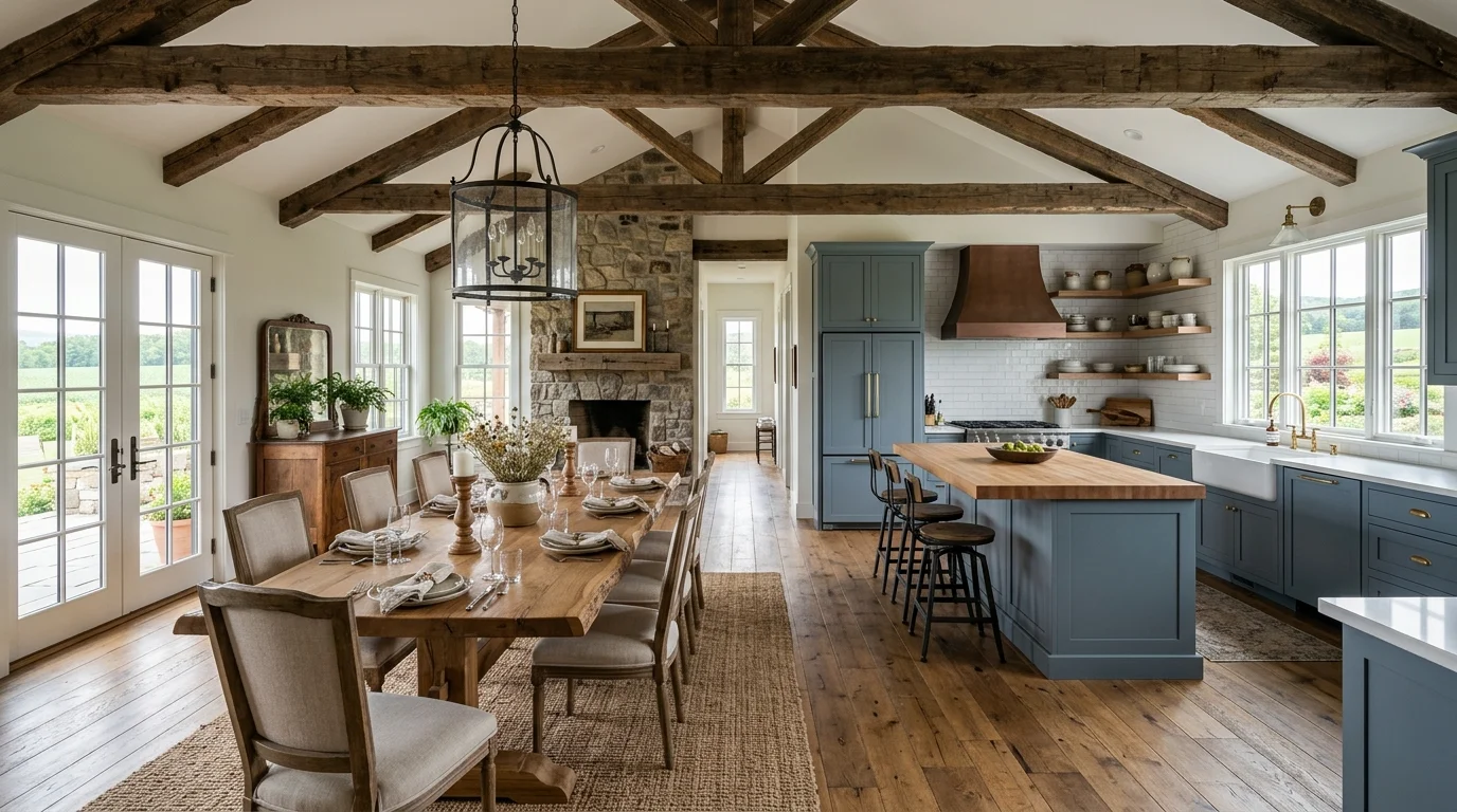Farmhouse dining room with dark chairs, wood table, white walls, and moody evening lighting.