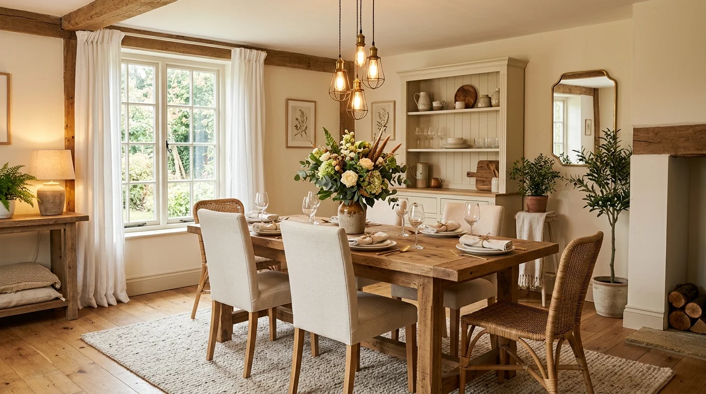 Farmhouse dining room with refined table styling, candlelight, and a soft neutral seasonal centerpiece.