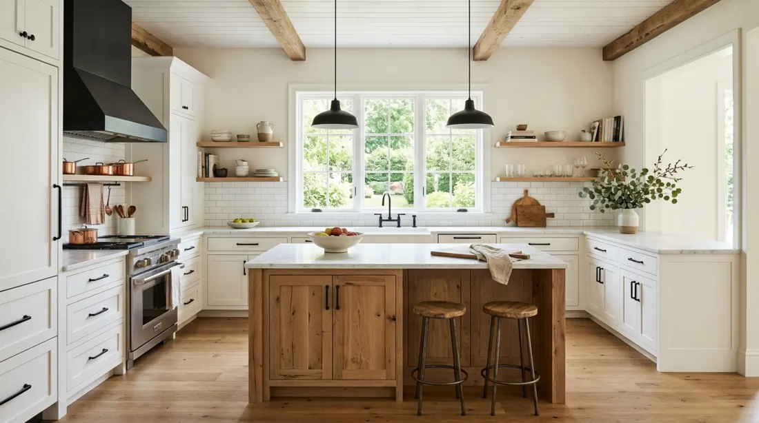 Farmhouse kitchen with white cabinets, wood island, marble counters, and matte black hardware.