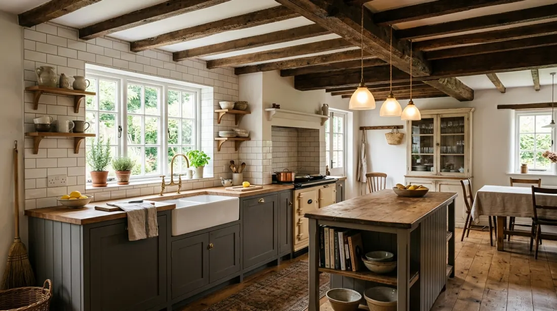 Cozy farmhouse kitchen with exposed beams, subway tile backsplash, oak floor, and pendants.