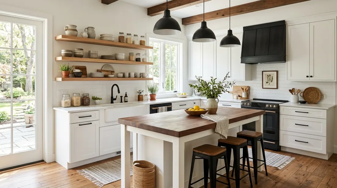 Modern farmhouse kitchen with open shelves, white cabinets, black accents, and butcher block island.