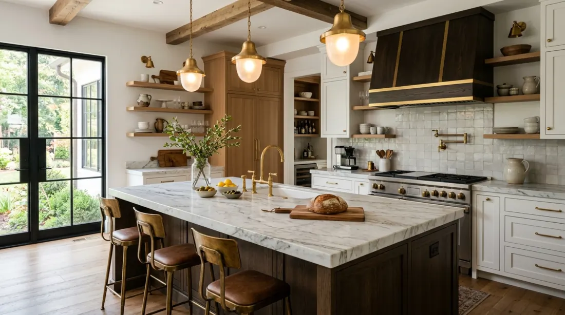 Luxury farmhouse kitchen with marble island, brass fixtures, elegant lighting, and white wood contrast.